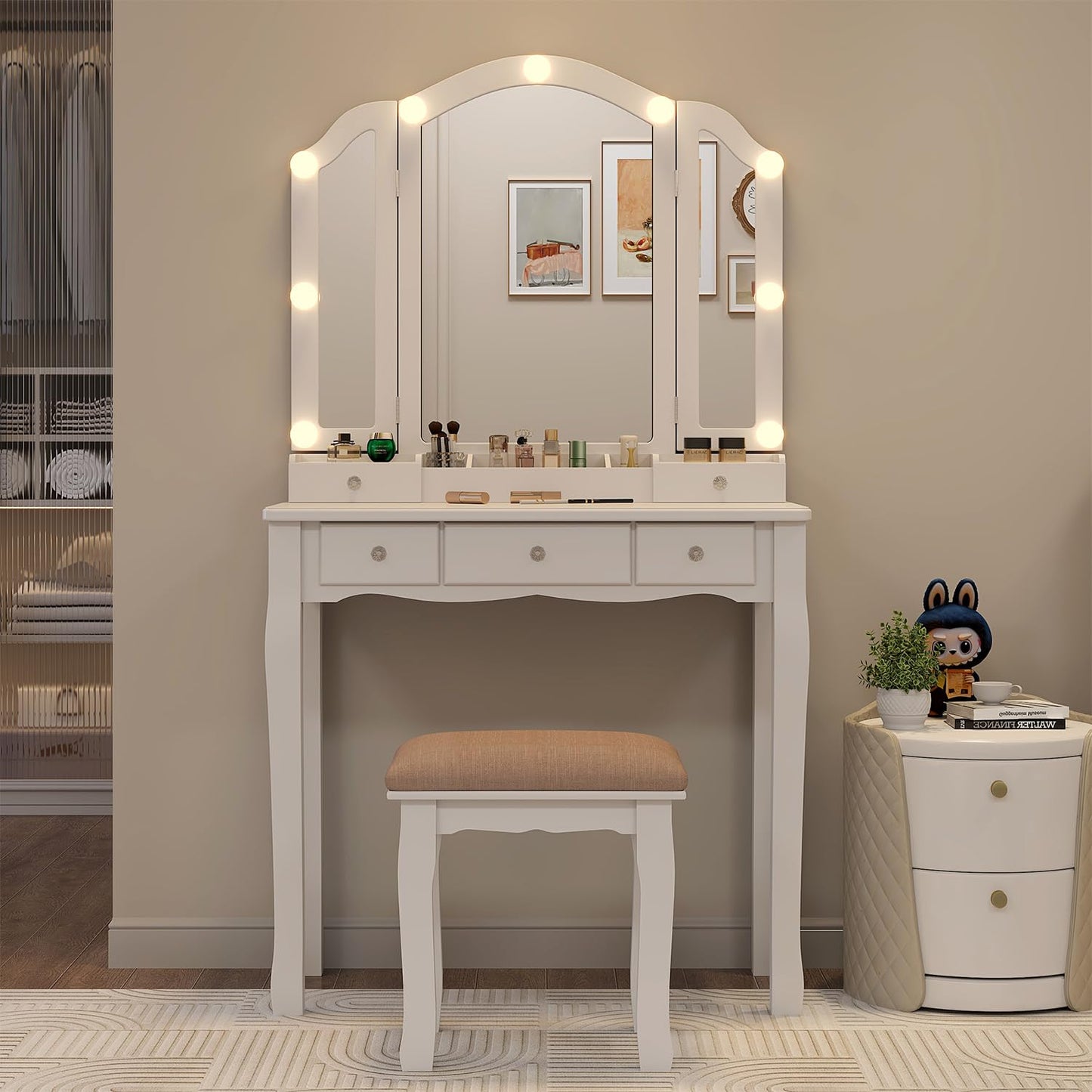 Longtesun Makeup Vanity Set Teen Vantity Set White Vanity Desk with Mirror and Lights Vanity Table with Lights Vanity Mirror with Lights Desk and Chair Makeup Vanity Table Makeup Vanity with Lights