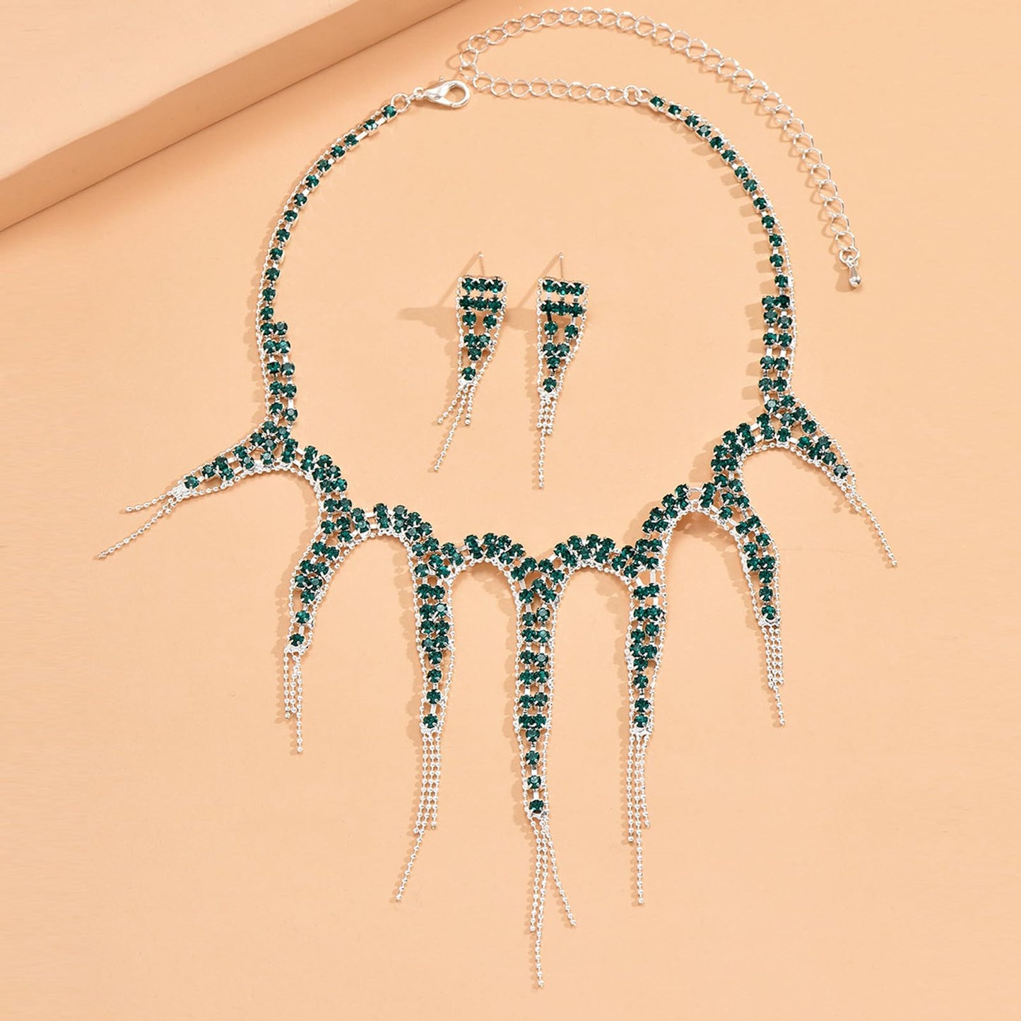 HUASAI Green Wedding Jewelry Sets for Brides Rhinestone Necklace Earrings Bracelet Set Bridal Costume Jewelry for Women Formal W