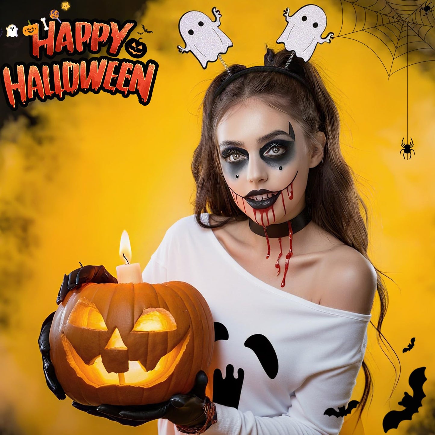 Brikabia Ghost Costume Halloween Costume for Women Ghost Dress Headband Striped Tights for Halloween Cosplay Party Outfits