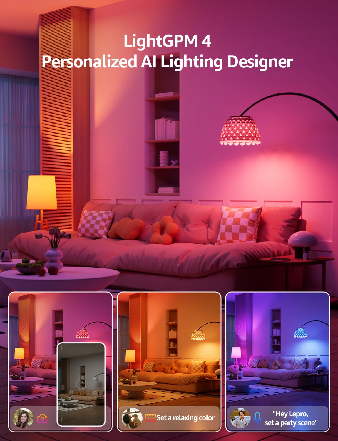Lepro B1 AI Smart Light Bulbs - WiFi & Bluetooth RGBWW Color Changing LED Bulb Works with Alexa & Google Assistant, Personalized Al Lighting Designer, AI Voice Control, Music Sync, 2.4GHz Only, 2 Pack