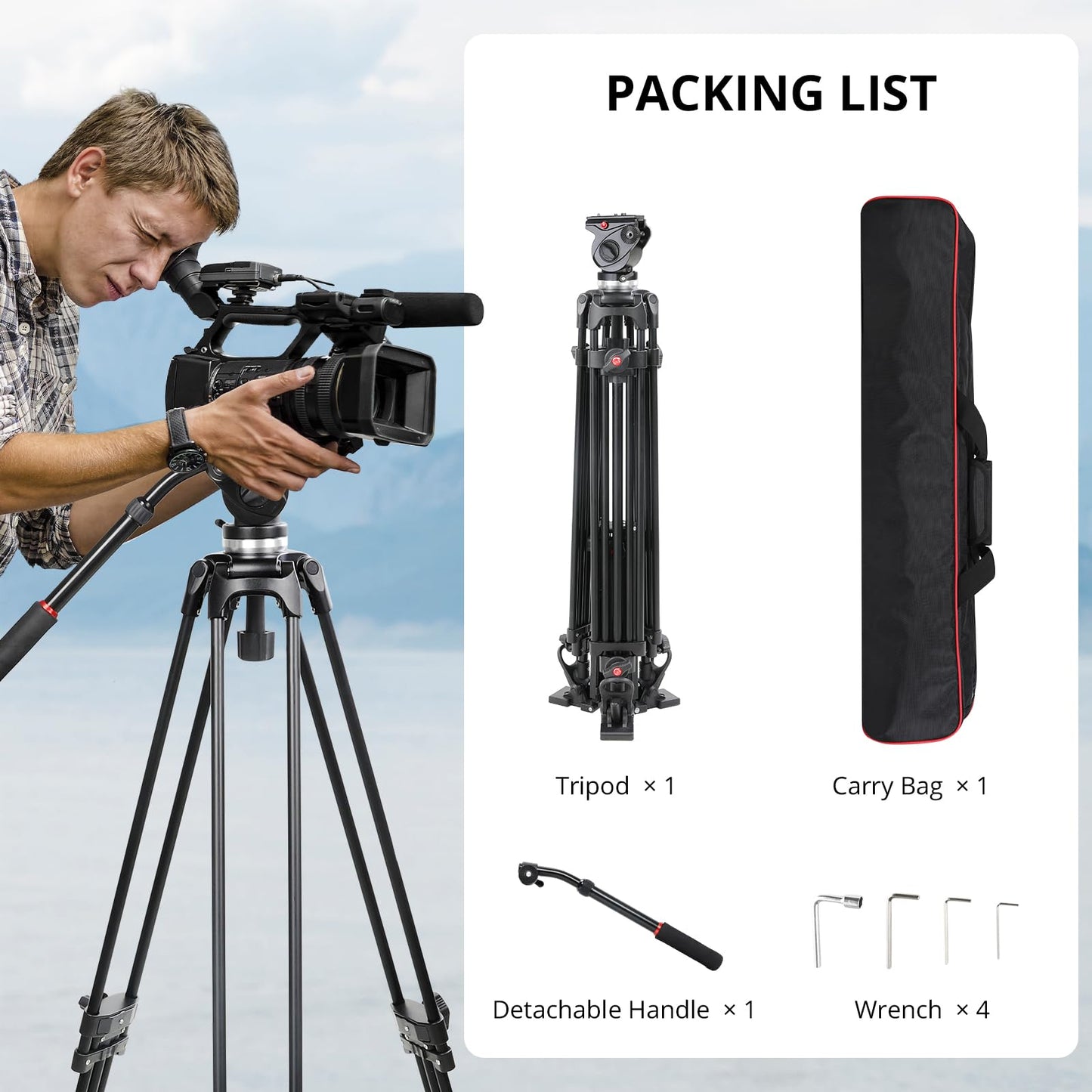 GVM 67" Video Tripod with Adjustable Damping Fluid Head, Metal Heavy Duty Dual-Mode QR Plate Compatible Flexible 360° Pan+90°/-75° Tilt, Max Load 22lb/10kg, for DSLR, Camcorders and Video Shooting