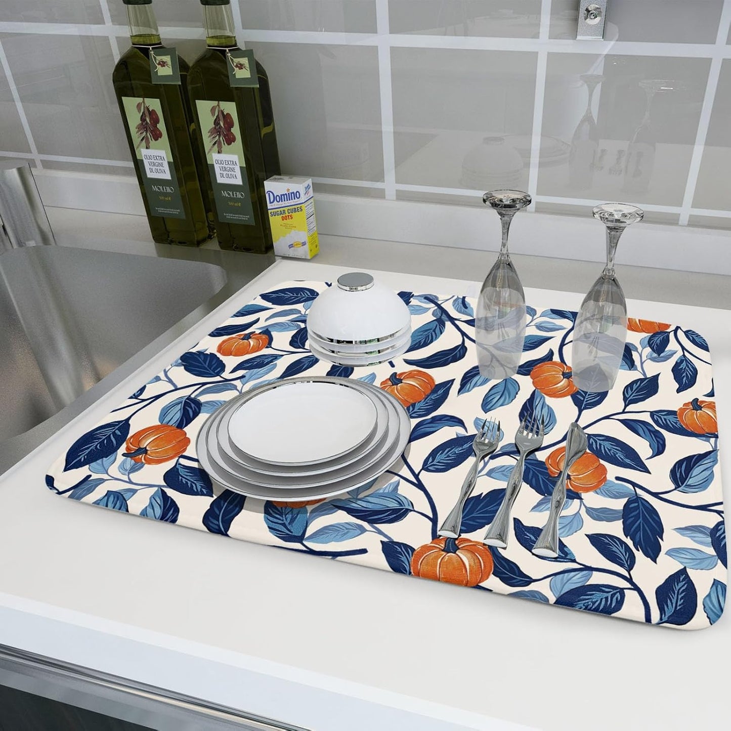 Autumn Pumpkin Dish Drying Mat for Kitchen Counter 18x24 Inch Blue and Orange Fall Thanksgiving Leaf Absorbent Reversible Microfiber Dish Drainer Rack Mats Countertops Protector Mat
