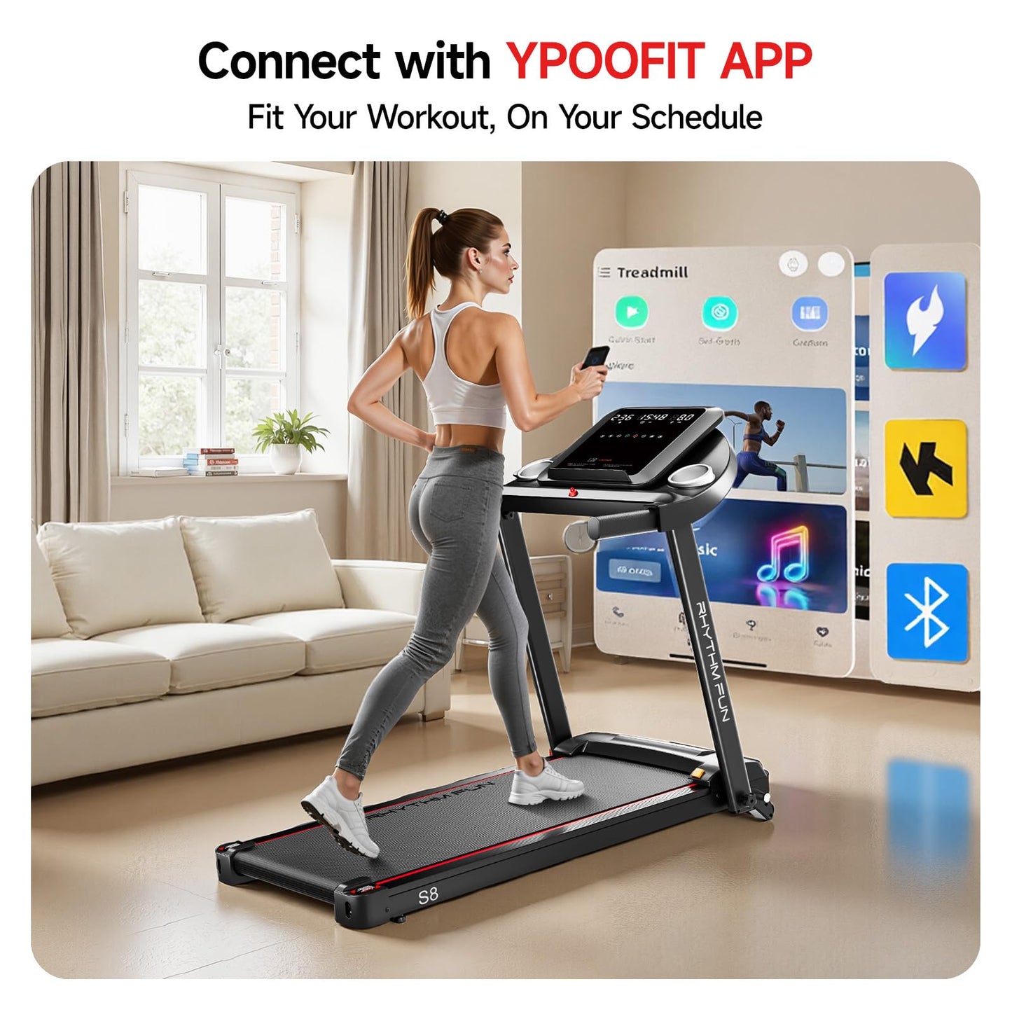 RHYTHM FUN 8.0 MPH Treadmills for Home, Running Walking Pad Treadmill with Incline up to 8%, Foldable Treadmill with Handle Bar, Low Noise Walking Pad for 300 lbs