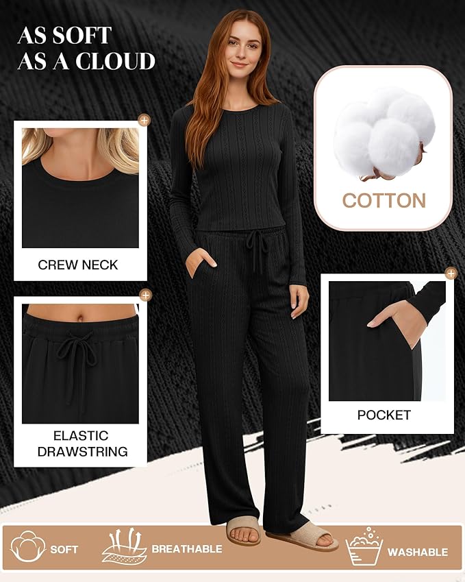 Evervibe Women's 2 Piece Lounge Set Long Sleeve Crew Neck Top Drawstring Wide Leg Pants Casual Tracksuit Matching Set