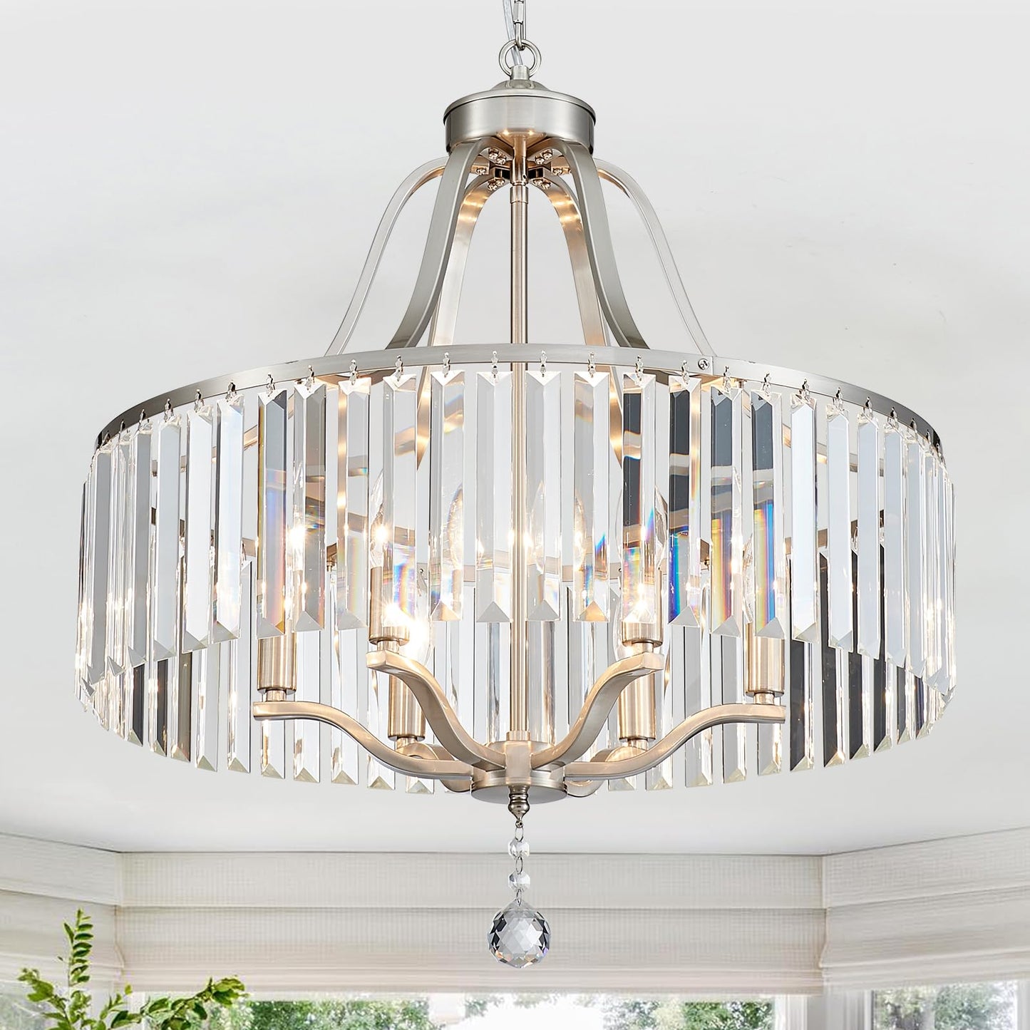 peskoe Modern Crystal Chandeliers Round 6-Light Large Brushed Nickel Pendant Lighting Fixture for Dining Room Living Room Kitchen Island Bedroom Hallway 21.7" Adjustable Height Hanging Lamp