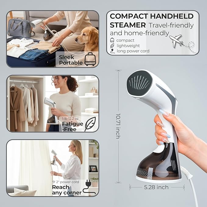 Steamer for Clothes, 20S Heat Up, 1500W & 3 Steam Settings, Ceramic Soleplate with 13-Vent, 2-in-1 Clothing Iron Wrinkle Removal for All Fabrics, Portable & Travel-Ready