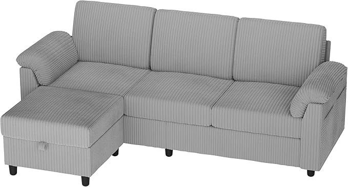 Vongrasig 79" Convertible Sectional Couch Sofa with Storage Ottoman, 3 Seat L Shaped Couch with Side Storage Pockage, Small Couches for Living Room, Apartment and Small Space (Light Grey)