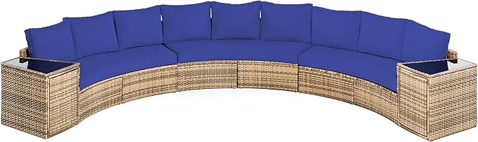 Patio Furniture Sets, 11 Piece Half-Moon Sectional Round Sofa Set, Outdoor Patio Furniture with Cushions & Wedge Table for Beach, Pool, Balcony, Blue