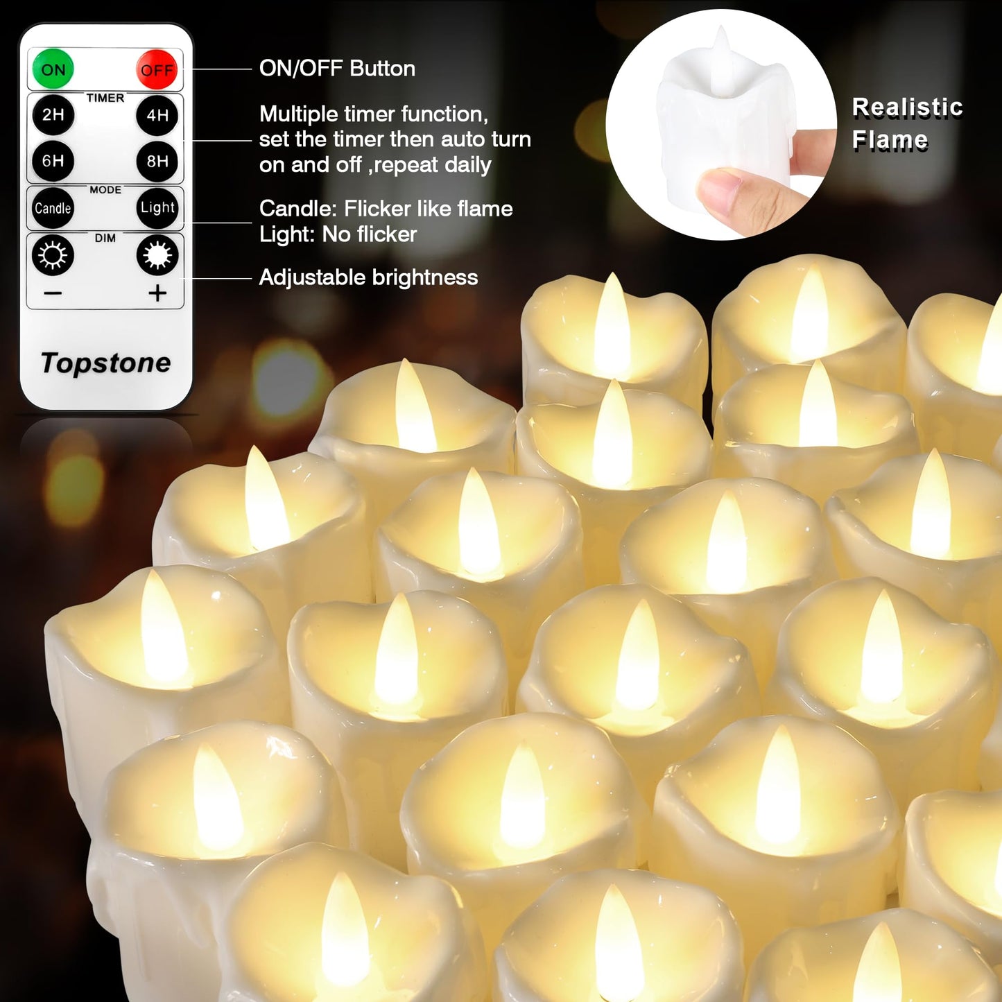 Topstone Flameless Candles with Remote Control,Battery Operated LED Candles with Timer & Dimmable Function, Realistic Wax Dripping Design, Perfect for Home Decor, Wedding, Christmas Decorations (24)