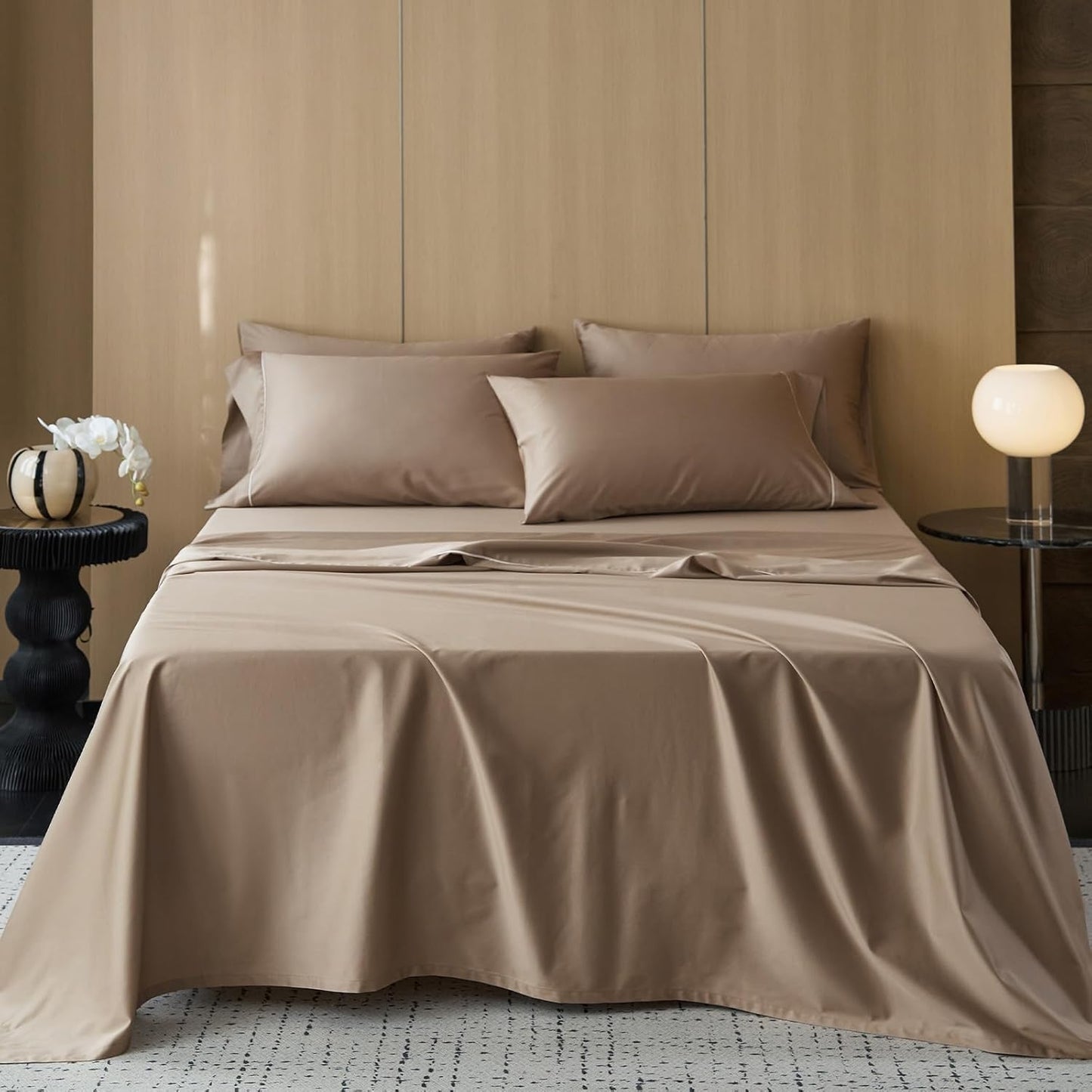 MooMee Queen Sheet Set, 100% Extra Long Staple Cotton 600TC Sateen Weave Cooling Breathable Silky Soft Luxury Hotel Quality Bed Sheets with 17" Deep Pocket - 4 Piece (Mocha Brown, Queen)