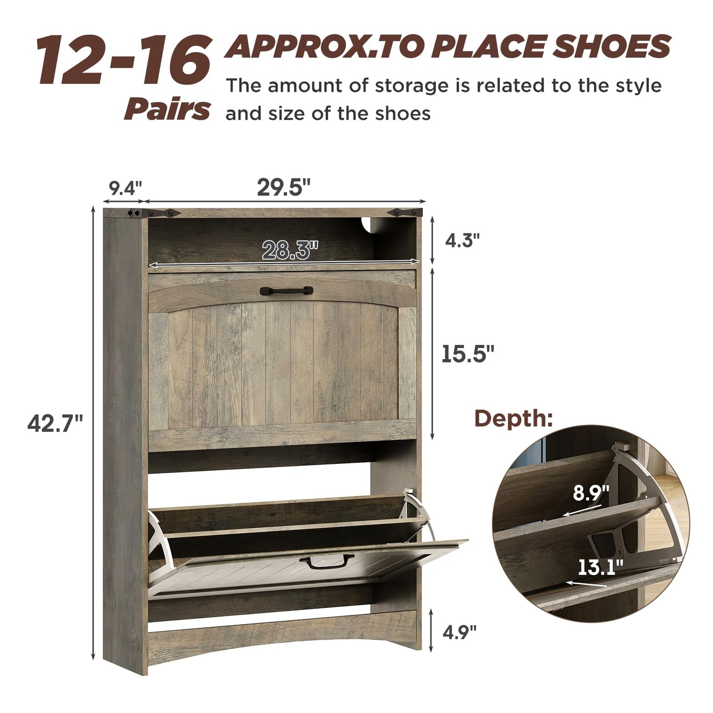 Maupvit Shoe Storage Cabinet with 2 Flip Drawers & Open Storage & RGB Lights, Narrow Shoe Rack Organizer Cabinets, Slim Shoe Cabinet for Entryway, Entrance, Hallway, Foyer, Rustic Grey