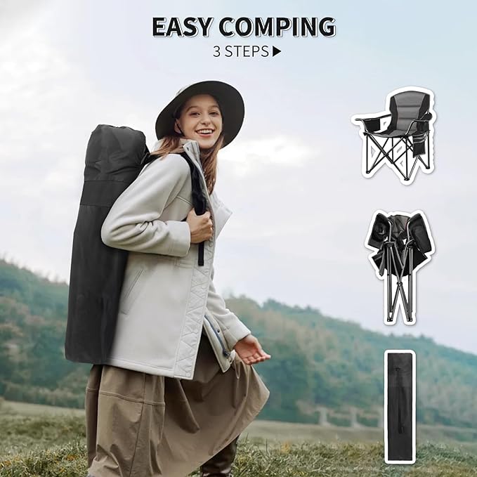 LANMOUNTAIN Oversized Padded Camping Chairs for Adults,Heavy Duty Support 400 Lbs,Folding Portable Lawn Chair w/Cup Holder,Cooler Bag,Side Pocket,Perfect for Outdoor Picnic,Hiking(Black)