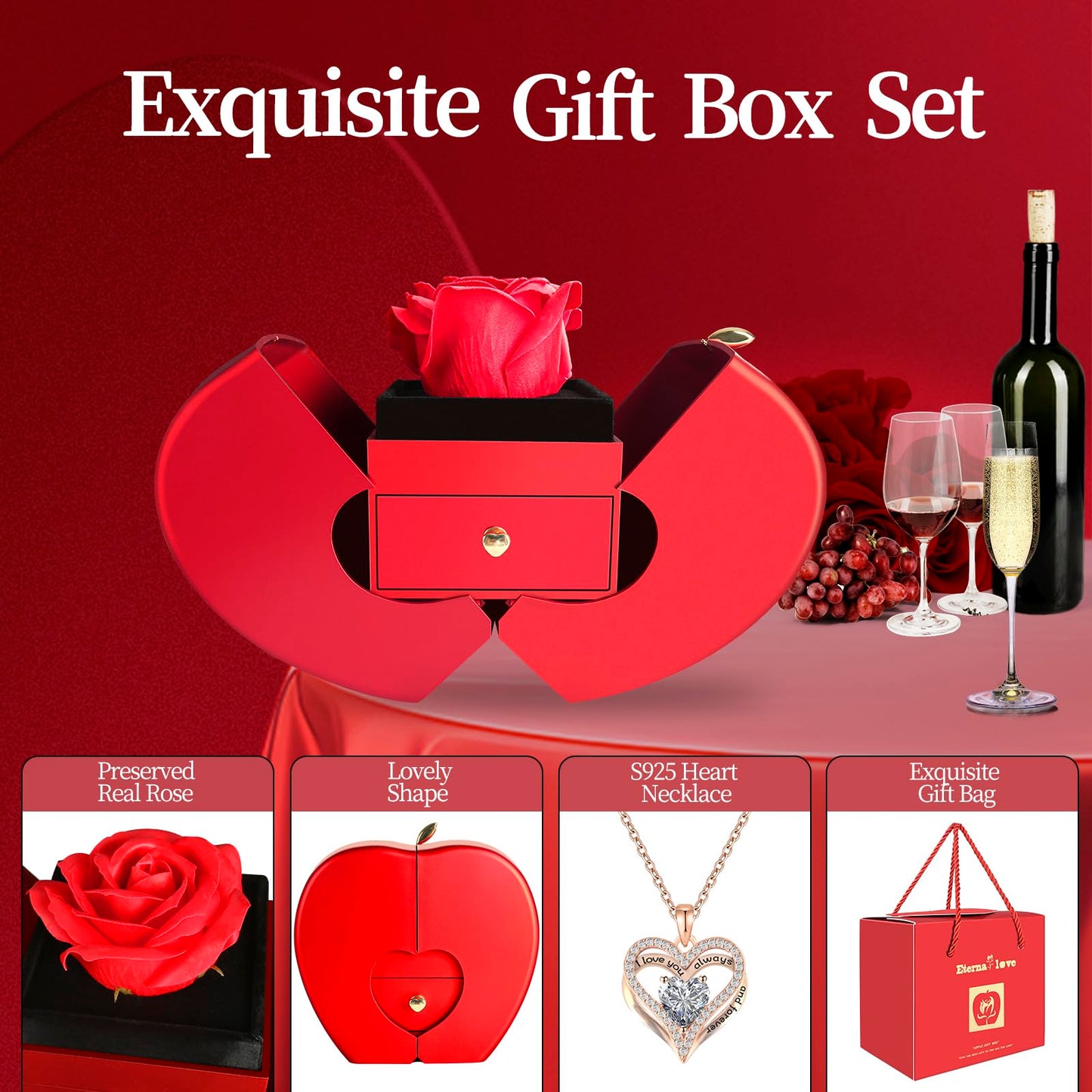 Preserved Flower Red Rose with Heart Necklace, Gifts for Mom, Girlfriend, Women, Wife, Grandma on Christmas, Valentine's Day, Mother's Day, Birthday, Anniversary, Thanksgiving