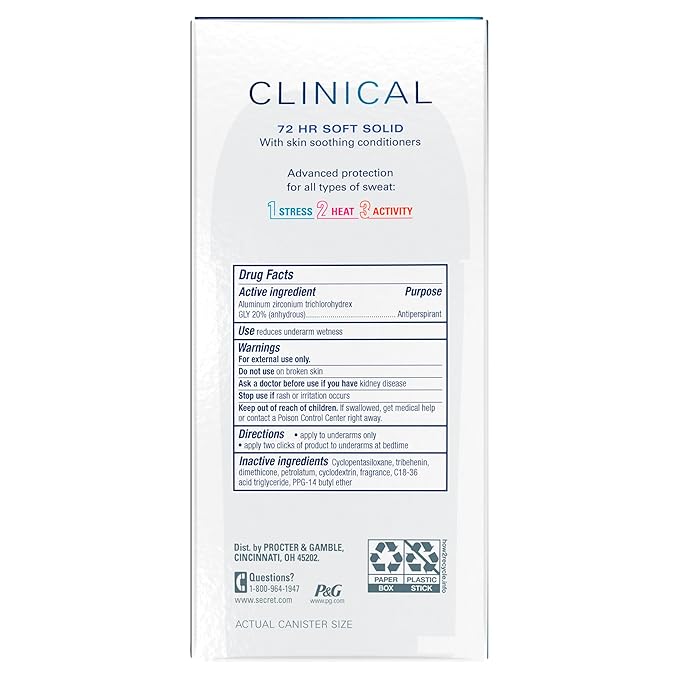 Secret Clinical Strength Antiperspirant Deodorant for Women, 3X Stress Protection, 72hr Sweat & Odor Protection, PH Balancing Minerals, Soft Solid, Light & Fresh Scent, 2.6 oz