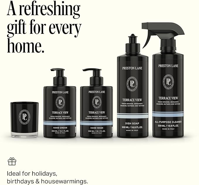 Preston Lane Signature Home Set – All Purpose Cleaner, Dish Soap, Hand Wash, Hand Cream & Scented Candle | Plant-Powered Cleaning & Care Essentials with Fine Italian Fragrance, Terrace View