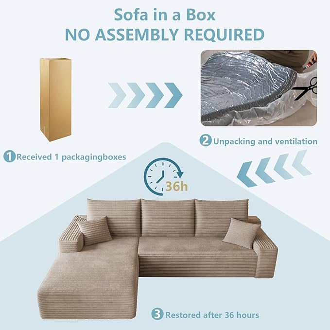 95" Cloud Sectional Couch with L-Shape Chaise, Modern Corduroy Boneless Couch for Living Room,Memory Foam Sofa with Deep Seat,No Assembly Required (Camel,Left-Facing Chaise)