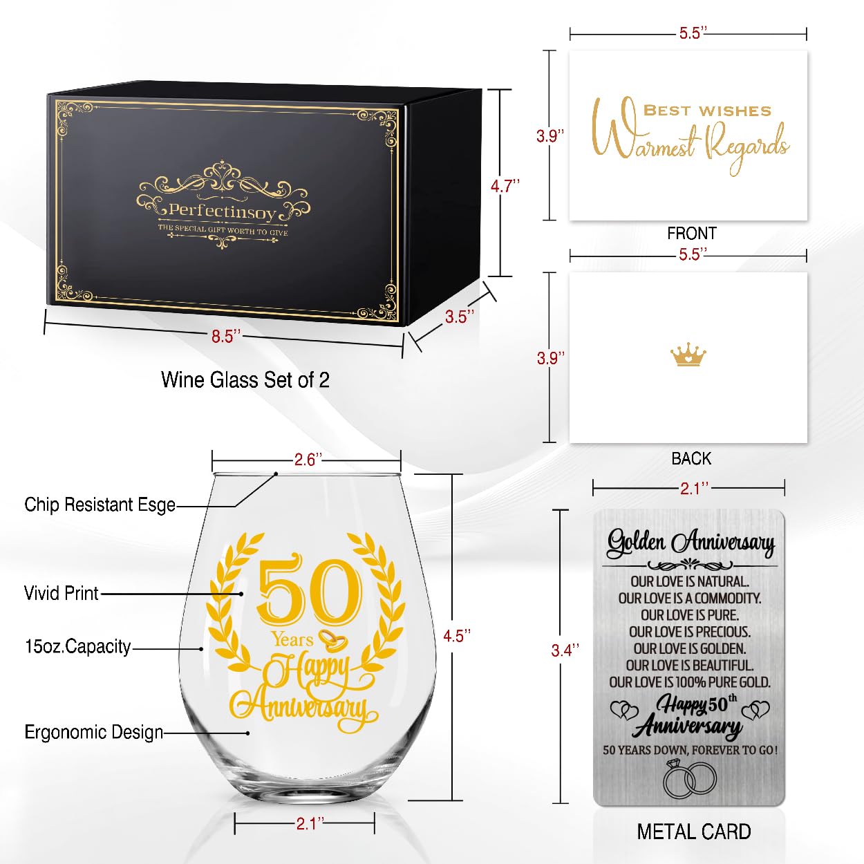 Perfectinsoy 50 Years Happy Anniversary Wine Glasses Set of 2 with Metallic Memorial Card, 50th Anniversary Birthday Gifts for Parents, Wife, Soulmate, Couple, Funny 50 Years Milestone Gift
