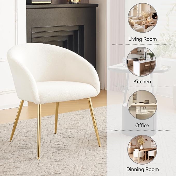 YDcosyfy Modern Small Accent Chair Set of 4, Comfy Sherpa Makeup Vanity Chair with Golden Metal Legs, Decorative Dining Chair no Wheels for Living Room, Dressing Room, Bedroom, White