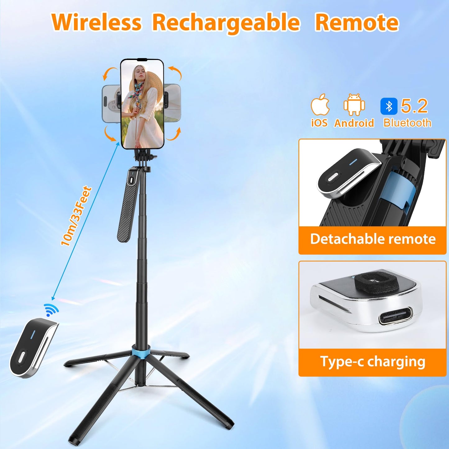 Eocean 71 Tall Selfie Stick Tripod Quadripod With Remote & With 360 Ballhead, Aluminum Alloy Extendable Cell Phone Tripod Stand,