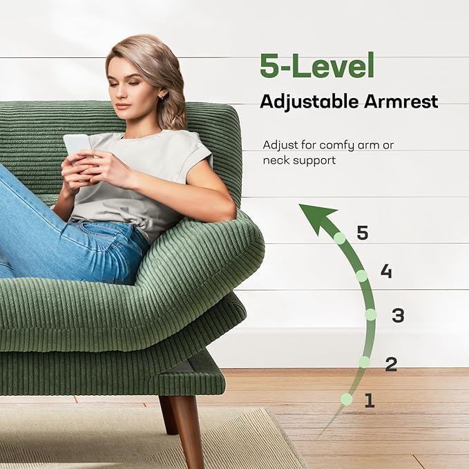 Marsail Futon Sofa Bed, 75” Futon Couch with Adjustable Backrest & Armrests, Convertible Small Sleeper Sofa Bed for Small Apartments, Study Room, Office, Corduroy Loveseat, Green
