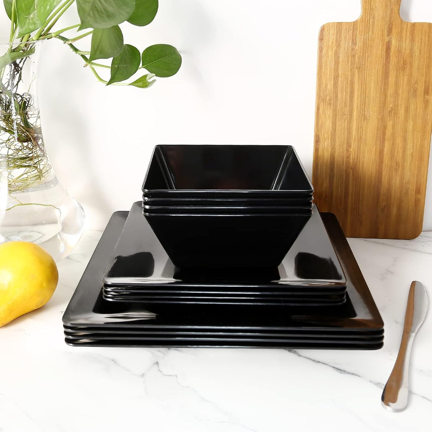 TP 12-Piece Dinnerware Set, Melamine Dishes Set with Bowls and Plates, Non-breakable and Lightweight Square Dinner Set for 4, Black