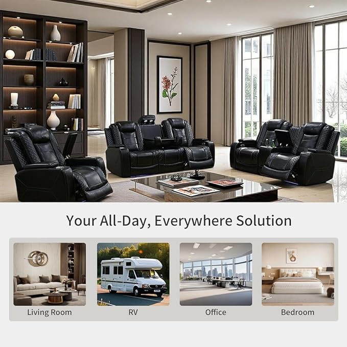 Toseslo Power Recliner Sofa and Loveseat Set, Black Leather Reclining Sofa Sectional Couches with Drop-Down Table, Living Room Furniture, Reclining Sofa with Cup Holders/Storage Console for House