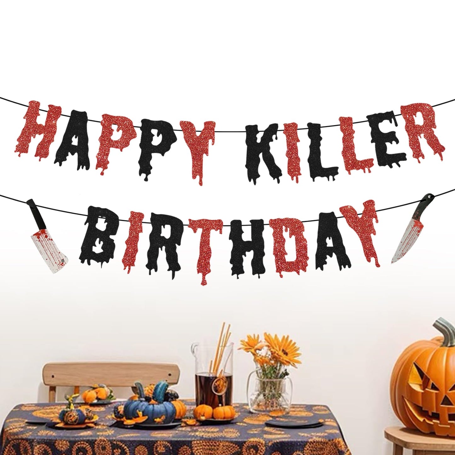 Halloween Happy Birthday Decoration,Pre-assembled Have A Killer Birthday Banner Glittery Red and Black Decor for Horror Spooky Themed Birthday Party