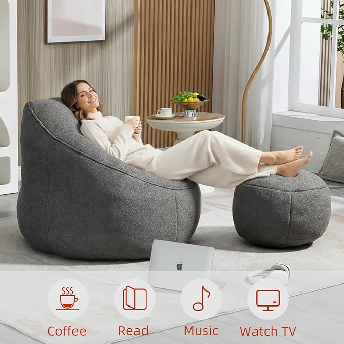 Bean Bag Chairs, Gaint Bean Bag Couch with Memory Foam for Adults and Kids, Microfiber Upholstered Sofa with Ottoman, Comfy Lazy Bean Bag Reading Chair for Living Room