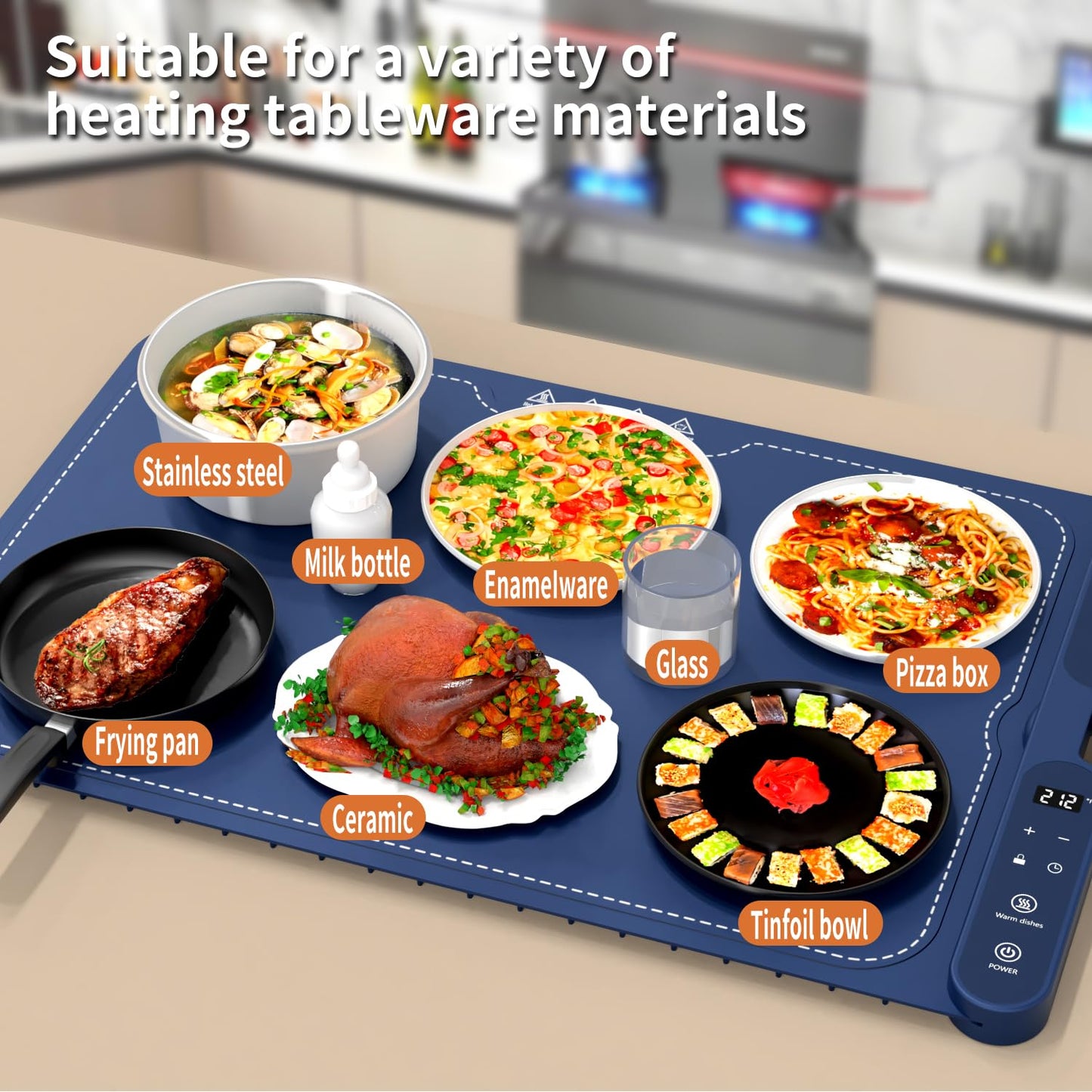 Electric Warming Tray&Food Warming MatFast Full Surface Electric Warming Tray with 7 Temp-Settings & 8H Timer, Portable Roll Up Food Warmer for Gatherings (Blue, 24''X15'')