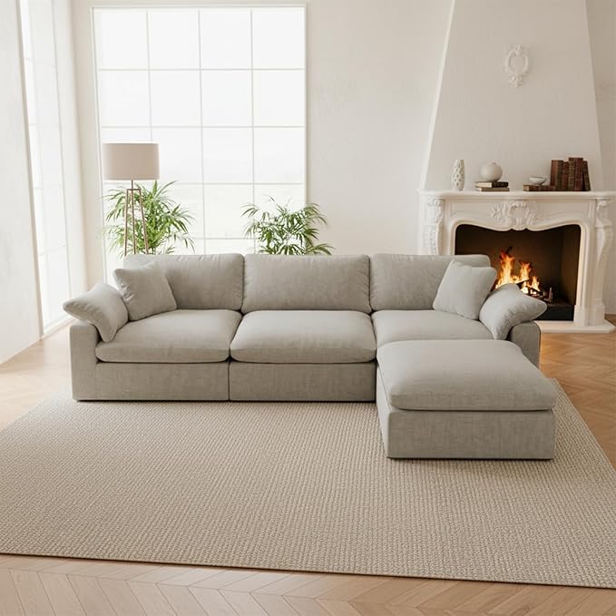 Forest aesthetics Modular Sectional Sofa Cloud Couch,Down Filled Comfy Cloud Modern Sofa,Light Beige Linen L Shape Oversized Couch Cushion Covers Removable Furniture for Living Room