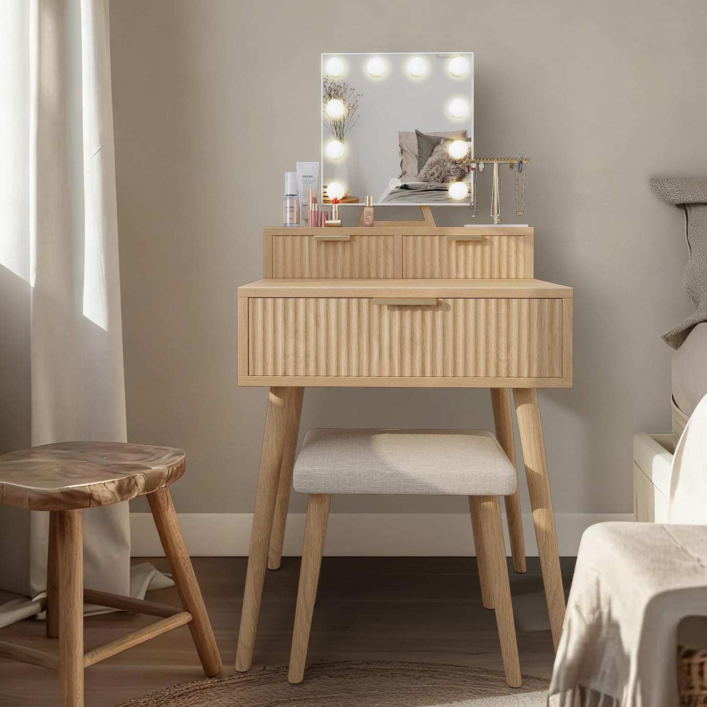 BOLUO Small Vanity Desk with Hollywood Mirror and Lights, Girls Vanity with Stool, Fluted Vanity Set, Compact Make Up Table with Drawers and Outlet Bedroom