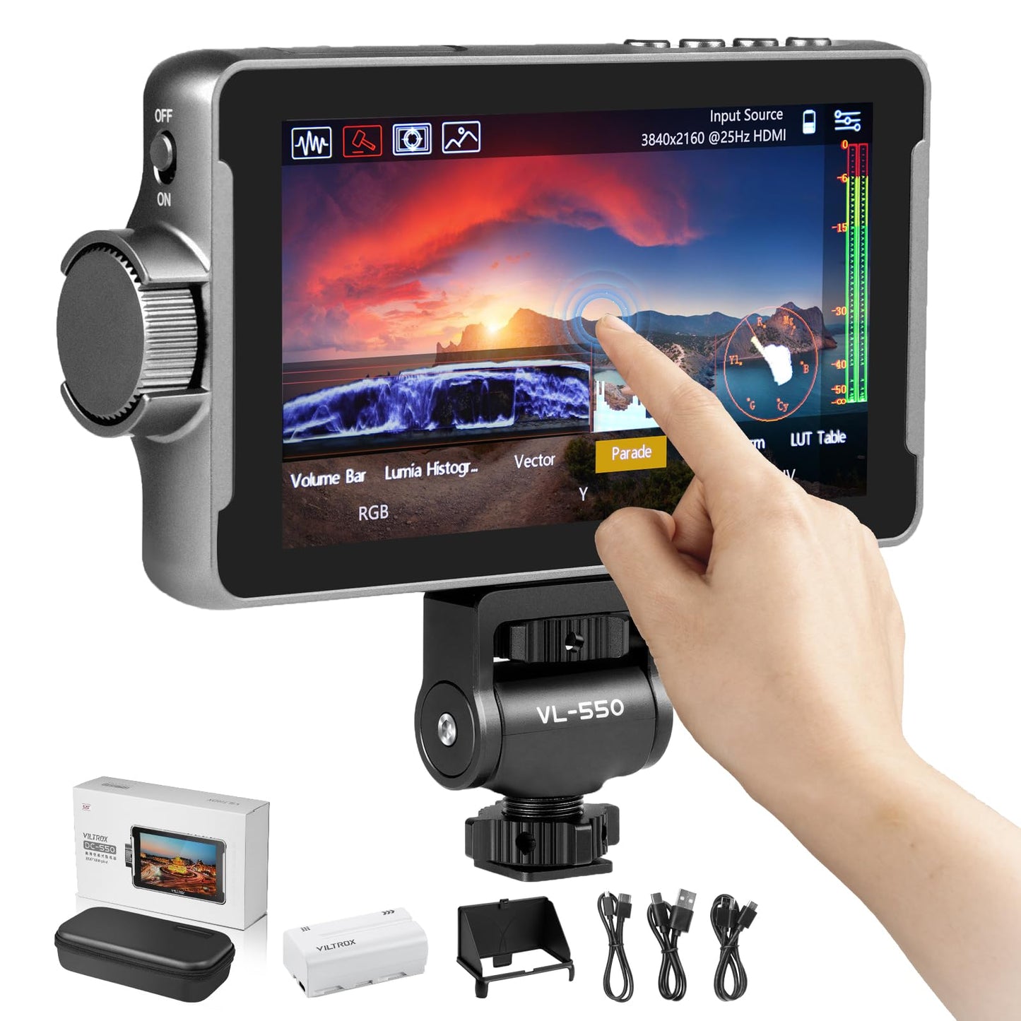 VILTROX DC-550 Pro Touch Screen DSLR Camera Field Monitor 4K HDMI 5.5 Inch 1200 Nits Video Camera Monitor with Battery/Sunshade Hood 3DLUT Focus Peaking Waveform False Colors-New