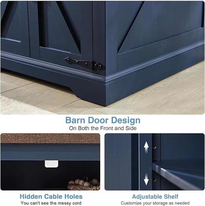 Barnyatoh Farmhouse End Table with Charging Station,24" Large Side Table with Barn Door, Rustic Wood Square Nightstand Bedside Table with Adjustable Storage Shelf for Living Room, Bedroom,Navy Blue