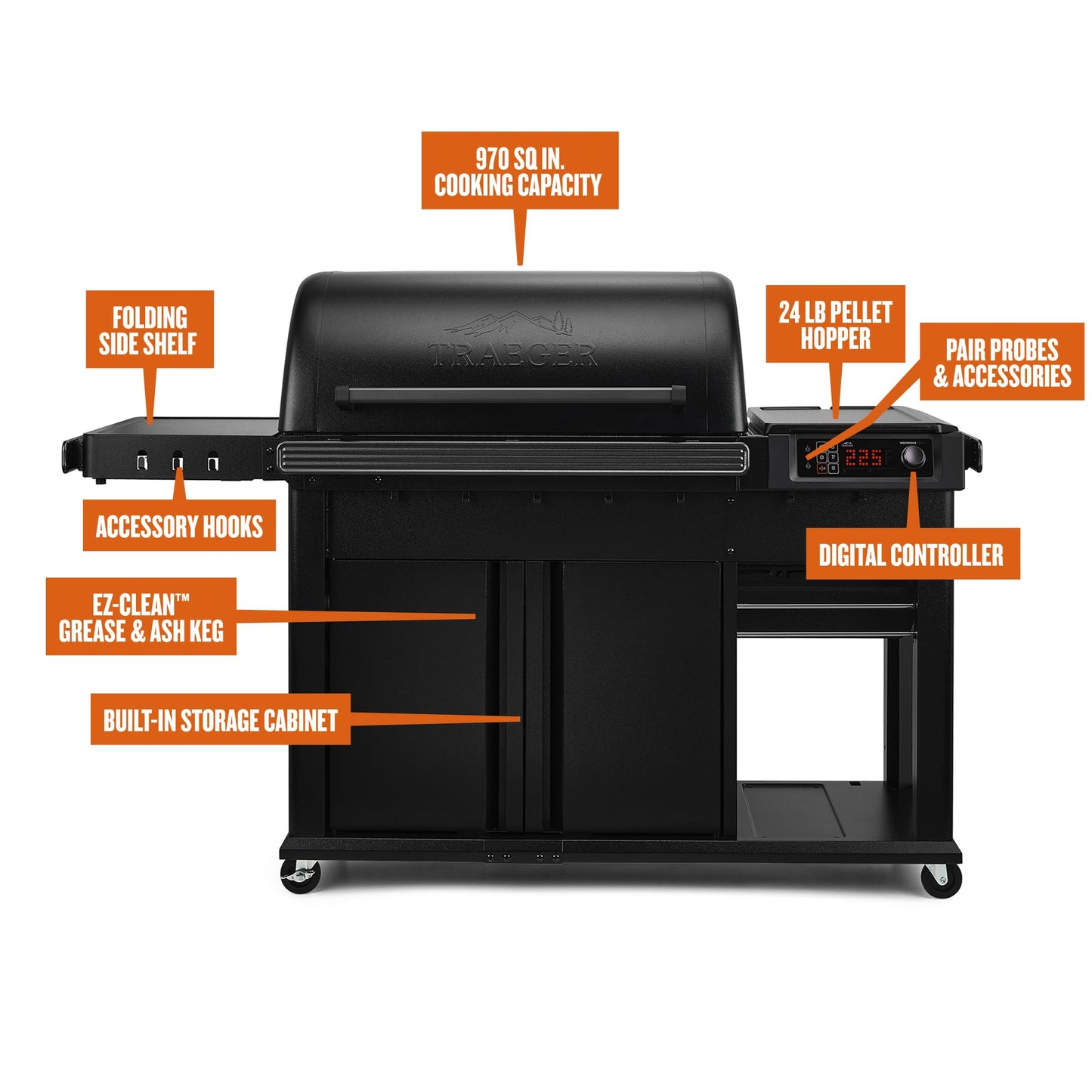 Traeger Grills Woodridge Pro Plus Electric Wood Pellet Grill and Smoker, 970 Sq. In., Folding Side Shelf, WiFIRE Technology, Super Smoke Mode, Outdoor Pellet Smoker Grill with Cabinet, TFC97JLK