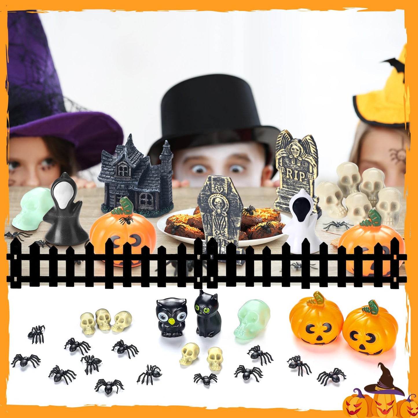 Colingmill 56 Pcs Halloween Village Accessories Set Halloween Haunted House Village Set Miniature Tombstones Tree Fake Spiders Fence Streetlamp Figurines for Home Table Party Decor