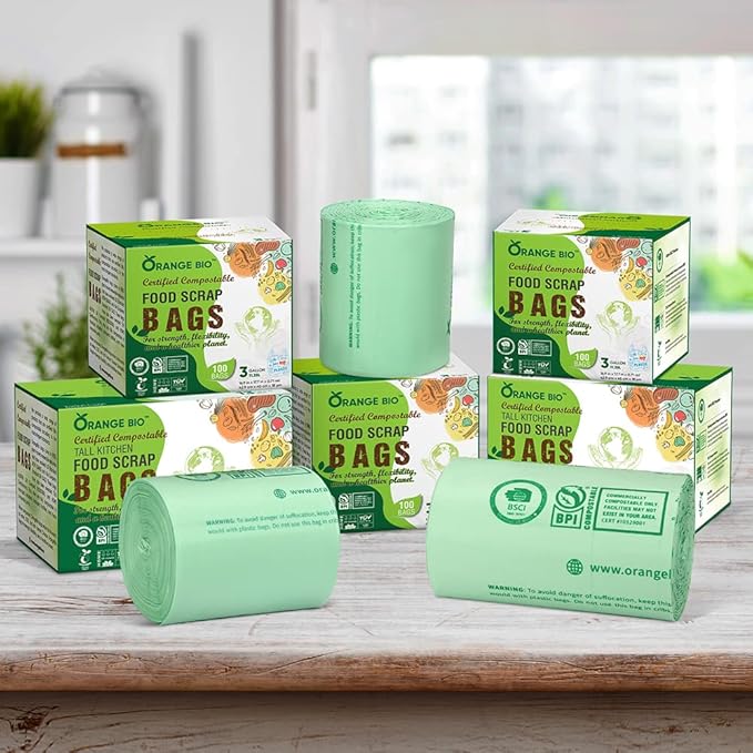 OrangeBio 4 Gallon Home Compostable Trash Bags, 100 Count, Food Grade, Plant-based, Biodegradable, Leak-proof, Tear-resistant, US BPI ASTM D6400 and OK Compost Home Certified