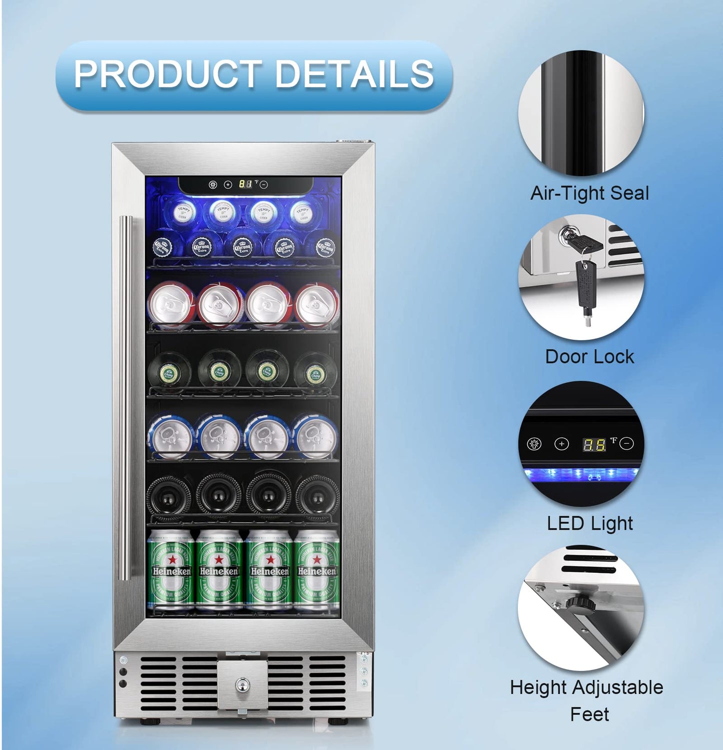 Antarctic Star 5.1 Cu.Ft Beverage Refrigerator,166 Can Wine Cooler,Low Noise,Transparent Glass Door, Efficient Cooling System with Safety Lock, for Home, Bar, Office, 24 Inch, Stainless Steel Silver
