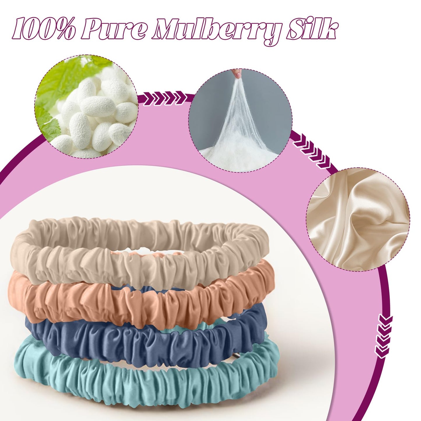4Pcs Mulberry Silk Scrunchies & Hair Ties - No Crease Skinny Scrunchies Elastic Set for Women All Hair Types, Reduces Breakage (