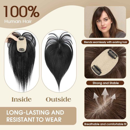 12 Inches Straight Human Hair Topper for Women Real Hair Topper Natural Black, Clip-In Hair Pieces for Thin Hair, Adds Volume, Natural Hairline Coverage(12#1b)