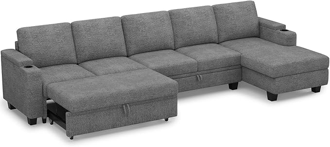 Belffin Modular Sectional Sleeper Sofa Bed with Storage Chaise L Shaped Sectional Couches for Living Room Armrest with Cup Holder. Light Gery Couch
