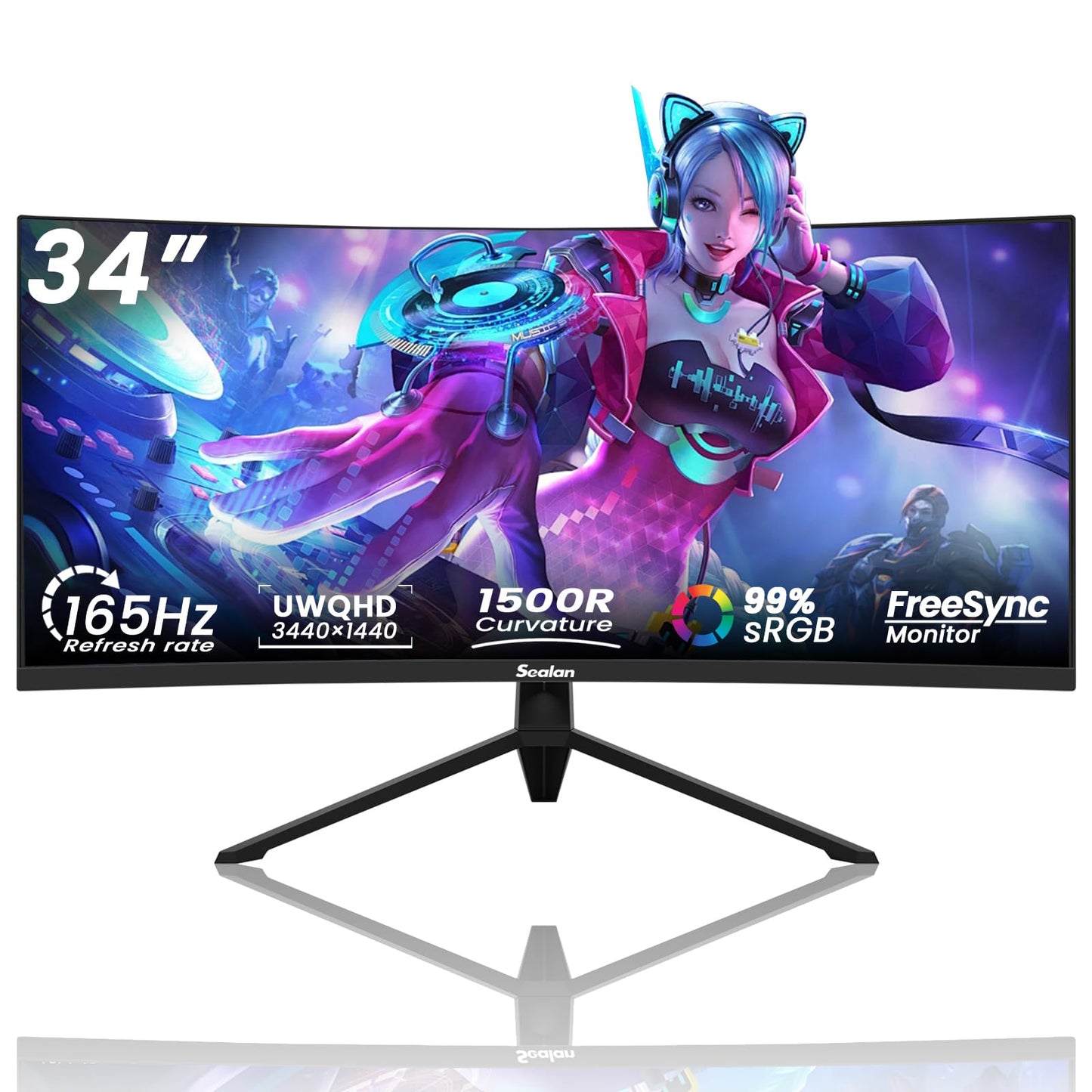 Sealan 34 Inch Curved Gaming Monitor 165Hz,3440x1440 21:9 UWQHD, 1ms(MPRT),1500R, PIP/PBP,HDR400, 127% sRGB,300nits, FreeSync, H