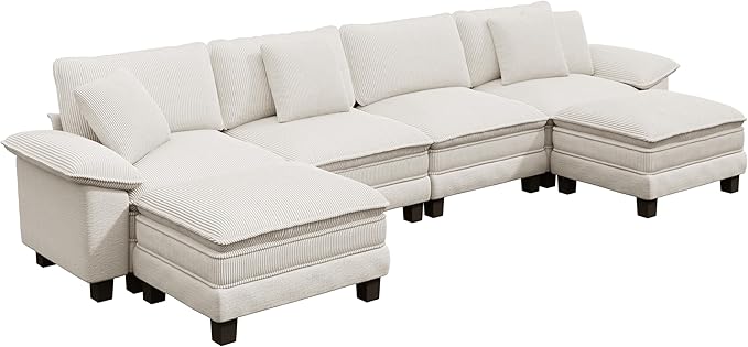 PHI VILLA Cloud Modular Couch Sets, 157.5" Sectional Sofa with U-Shaped Chaise Ottoman, 6-Seater Couches with Upholstered Deep Seat for Living Room, Chenille Corduroy Dual Fabric, Beige