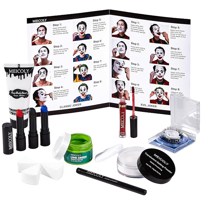 MEICOLY Joker Makeup Kit,Complete Joker Costume Clown Makeup,Clown White Face Paint Character Set for Halloween SFX Cosplay Stage Performance Theatre,Green Hair Dye,Setting Powder,Red Lip Gloss