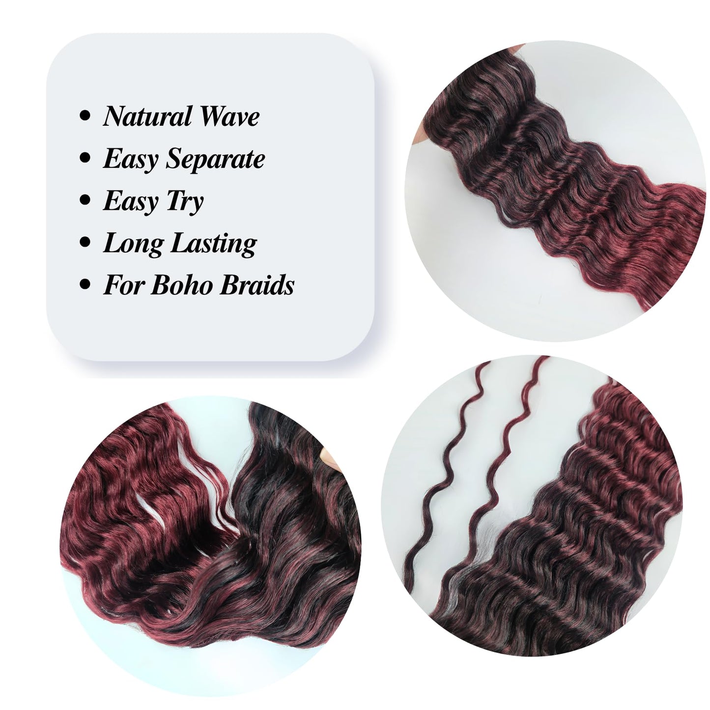 Burgundy Ombre Braiding Hair Pre stretched Synthetic Boho Braiding Hair for Boho Braids(30 inch, Packs of 5)
