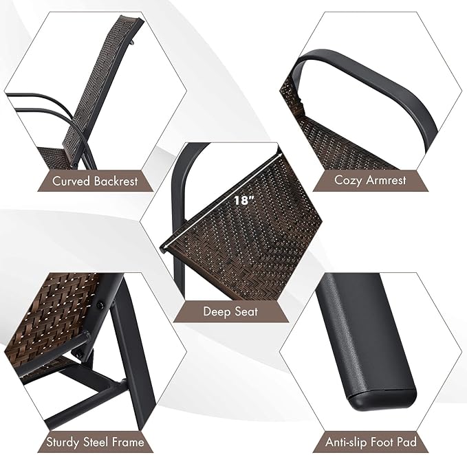 HAPPYGRILL 6 Pack Stackable Dining Chairs Outdoor PE Wicker Patio Arm Chairs with Rustproof Steel Frame, Bistro Deck Chairs for Backyard Garden and Poolside