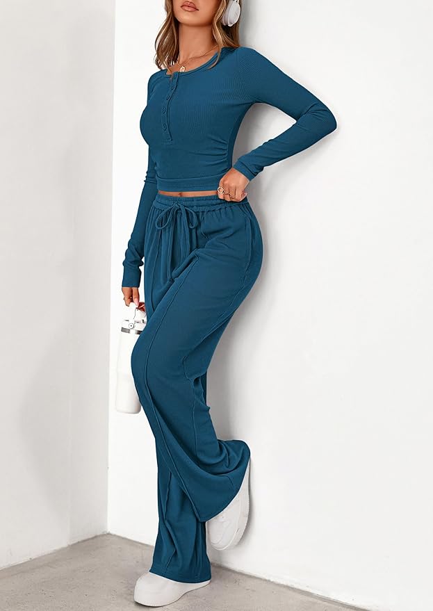PRETTYGARDEN Women's 2026 Fall Trendy 2 Piece Outfits Lounge Sets Long Sleeve Top Henley Shirts Wide Leg Pants Travel Clothes