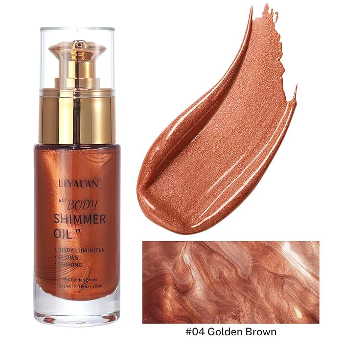 Liyalan Shimmer Body Oil 5 Color Options 1.0 fl.oz Face Glow Pearl Highlighter Illuminator Long-Lasting Shine Glitter Liquid Tanning with Makeup Brush Included (#04 Golden Brown)