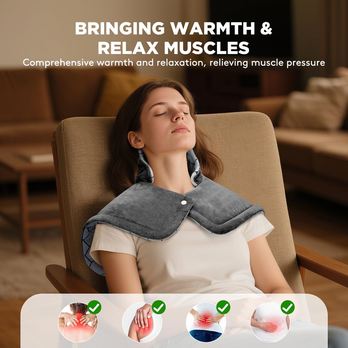 Tovve Heating Pad for Neck, Large Wearable Relax Muscles for Back Shoulders, Birthday Gifts for Women Men Mom Dad Elderly, 3 Heat Settings/2-Hour Safe Auto-Off, 23"×17" Ergonomic Fit Design-Gray