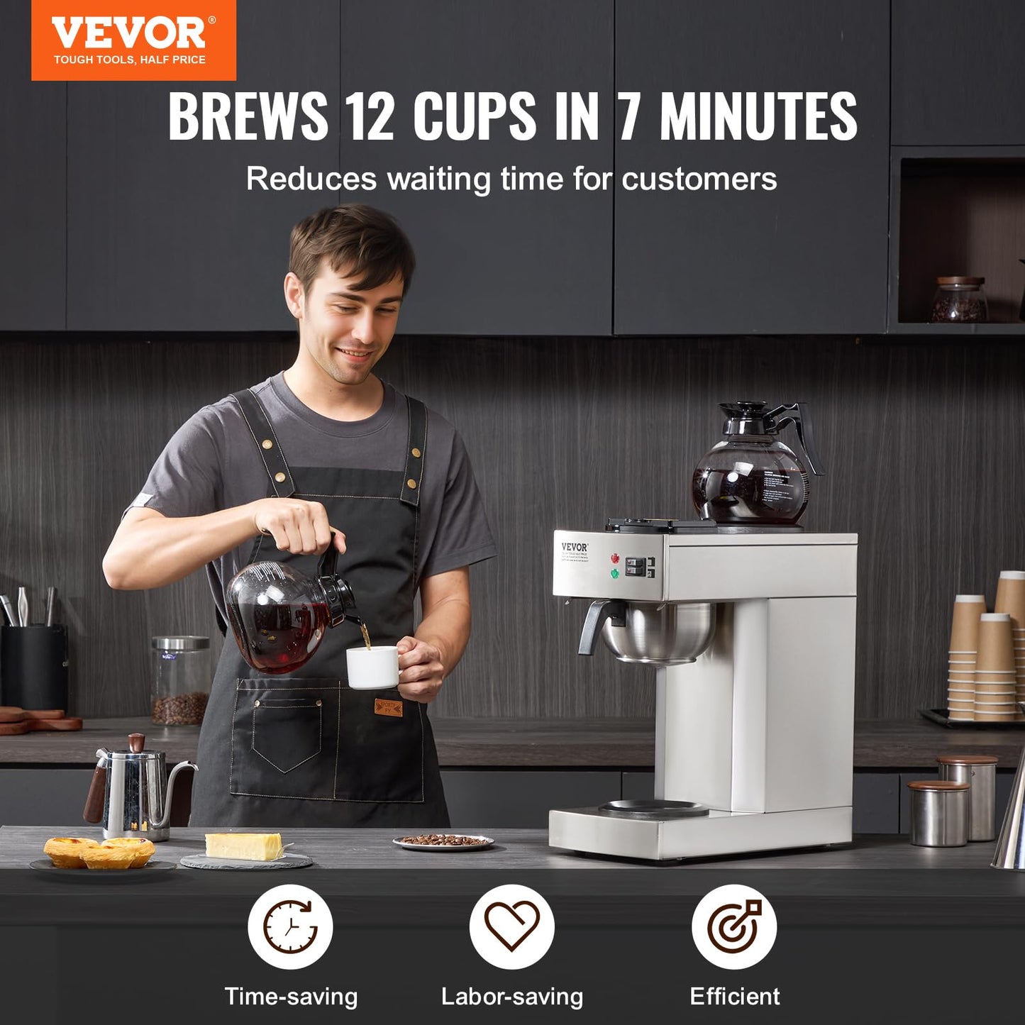 VEVOR 12 Cups Commercial Drip Coffee Maker, Coffee Maker Machine with 2 Glass Carafes and 2 Warmer Plates, Stainless Steel Pour Over Coffee Brewer for Restaurant, Office, Cafe