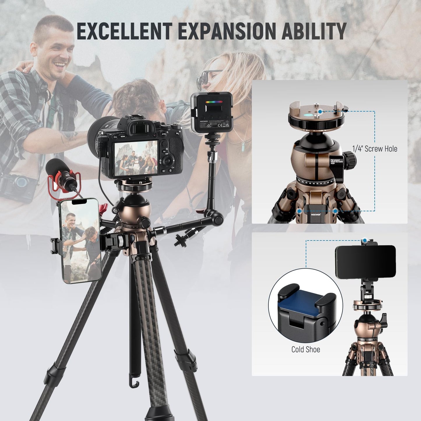 Neewer Litetrip Lt35 61 Travel Tripod Carbon Fiber W Pan Tilt Low Profile Ball Head, Arca Qr Plate Compatible With Peak Design